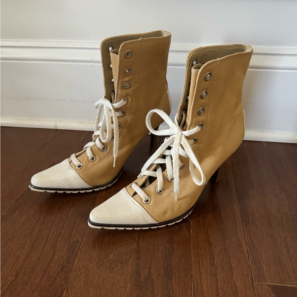 Tan and White Splash Heeled Lace Up Boots 8